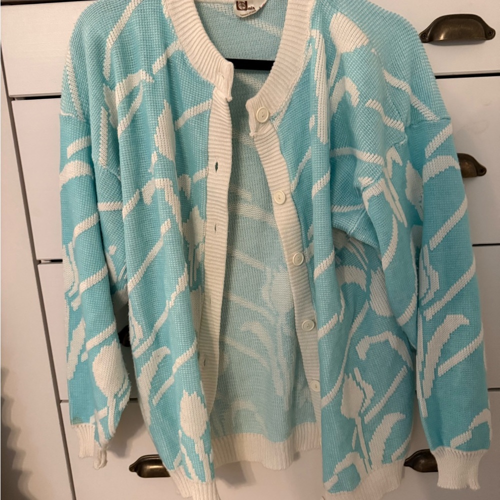 Unique Vintage Aqua and White Cardigan